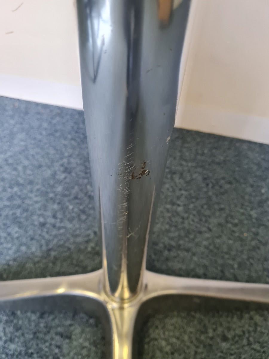 Zinc bar table. Height (to top of table) 108cm. Diameter of table: 60cm.