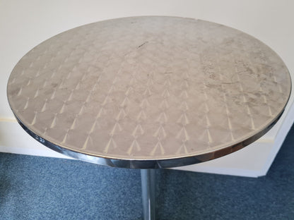 Zinc bar table.  Height (to top of table) 108cm.  Diameter of table: 60cm.
